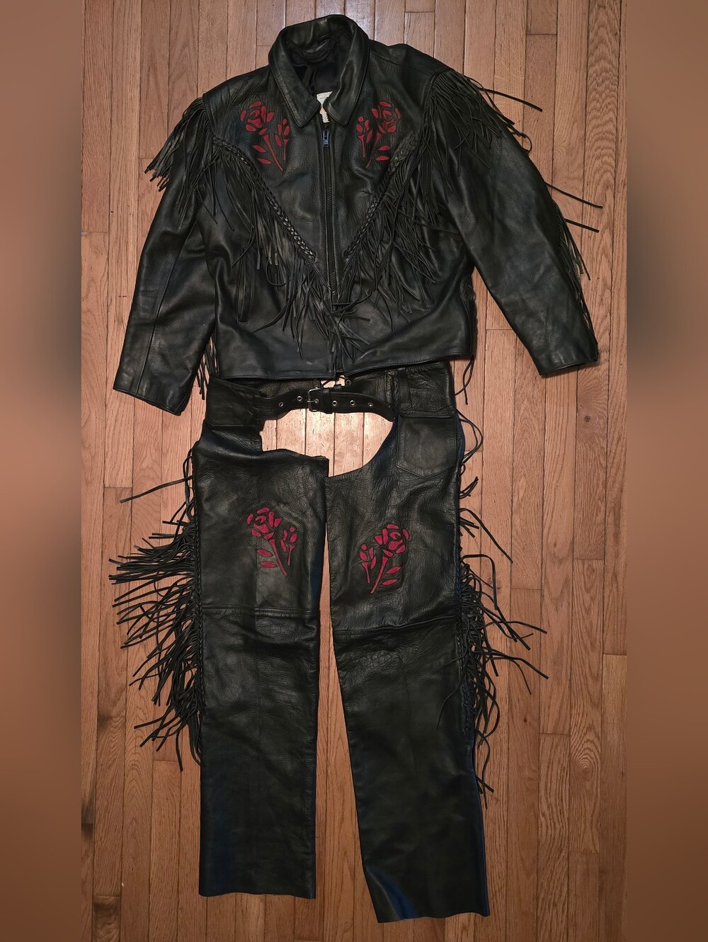 Vintage Womens Leather Biker Jacket and Chaps Set with Red Roses - M / XXXL